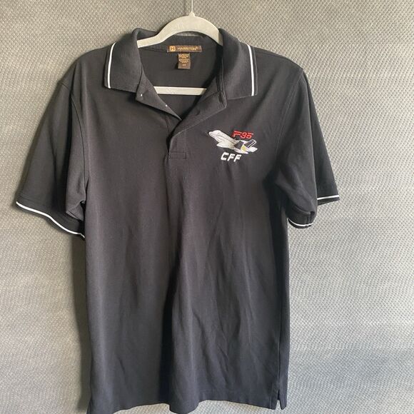 Military Fighter Jet F35 CFF Logo Black Knit Cotton Polo Shirt Mens Small - Picture 1 of 5